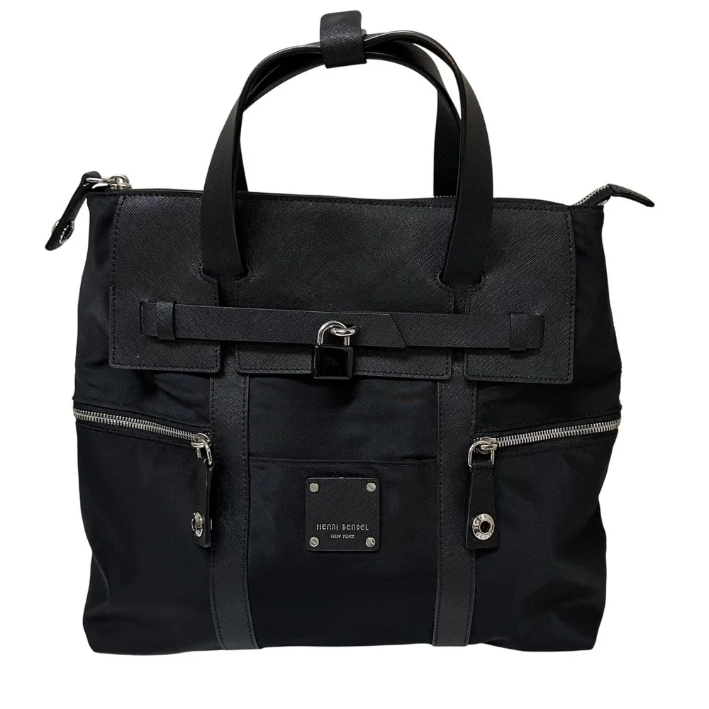 Henri Bendel Jetsetter Backpack Black Nylon Saffiano Leather Convertible Bag